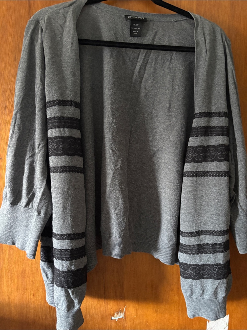 Lane Bryant Gray Open-Front Cardigan with Black Lace Stripes